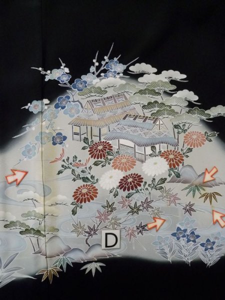 Photo24: M0328B Used Japanese women  Black TOMESODE formal / Silk. Chrysanthemum,   (Grade C) (24)