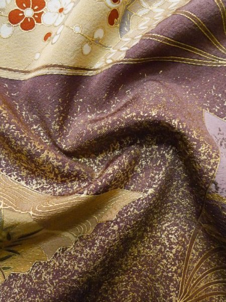 Photo18: Mint M0328C Used Japanese women  Black TOMESODE formal / Silk. Peony, Throwing folding fan game motif  (Grade A) (18)