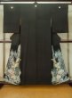 Photo1: M0328E Used Japanese women  Black TOMESODE formal / Silk. Peony, dyed in various black colours, padding in the hem  (Grade D) (1)