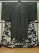 Photo1: M0328H Used Japanese women  Black TOMESODE formal / Silk. Flower, Pattern: fringed pink, insect cage, firefly  (Grade D) (1)