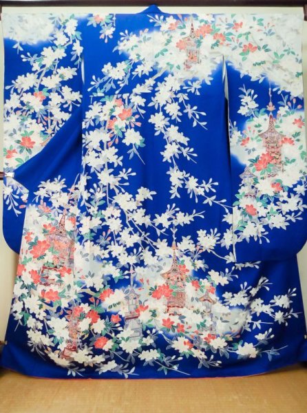 Photo1: M0328I Used Japanese women  Blue FURISODE long-sleeved / Silk. SAKURA cherry blossom float motif  (Grade C) (1)