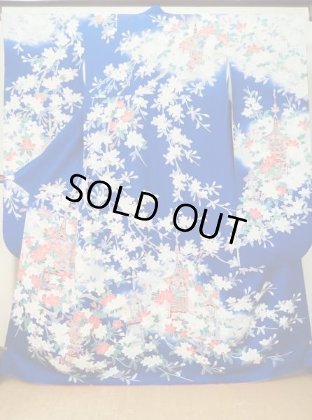 Photo1: M0328I Used Japanese women  Blue FURISODE long-sleeved / Silk. SAKURA cherry blossom float motif  (Grade C) (1)