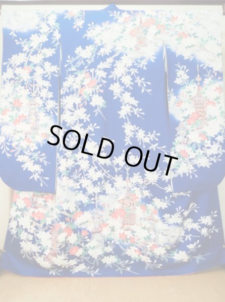 Photo2: M0328I Used Japanese women  Blue FURISODE long-sleeved / Silk. SAKURA cherry blossom float motif  (Grade C) (2)