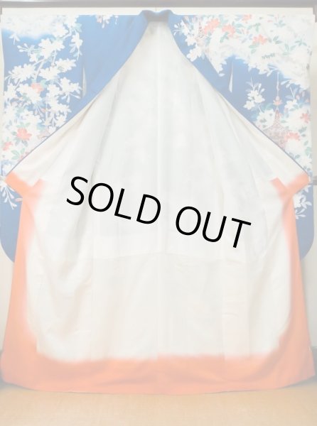 Photo3: M0328I Used Japanese women  Blue FURISODE long-sleeved / Silk. SAKURA cherry blossom float motif  (Grade C) (3)