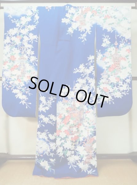 Photo4: M0328I Used Japanese women  Blue FURISODE long-sleeved / Silk. SAKURA cherry blossom float motif  (Grade C) (4)
