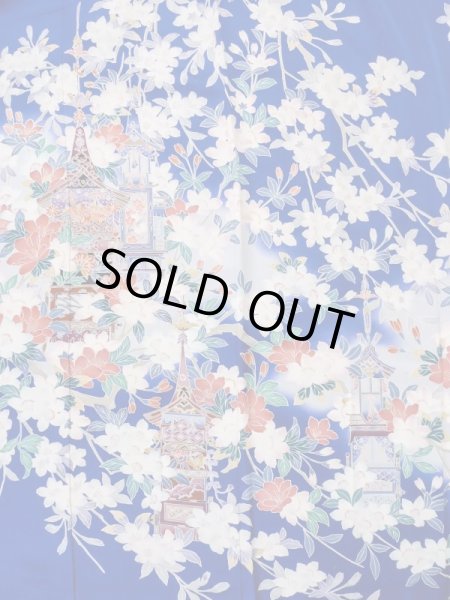 Photo5: M0328I Used Japanese women  Blue FURISODE long-sleeved / Silk. SAKURA cherry blossom float motif  (Grade C) (5)