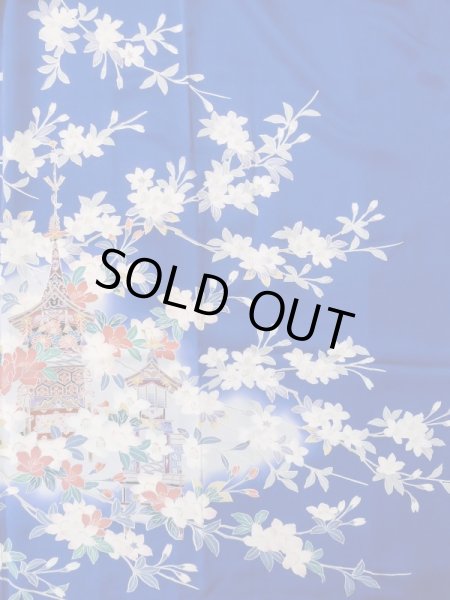 Photo6: M0328I Used Japanese women  Blue FURISODE long-sleeved / Silk. SAKURA cherry blossom float motif  (Grade C) (6)