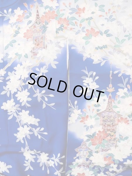 Photo7: M0328I Used Japanese women  Blue FURISODE long-sleeved / Silk. SAKURA cherry blossom float motif  (Grade C) (7)