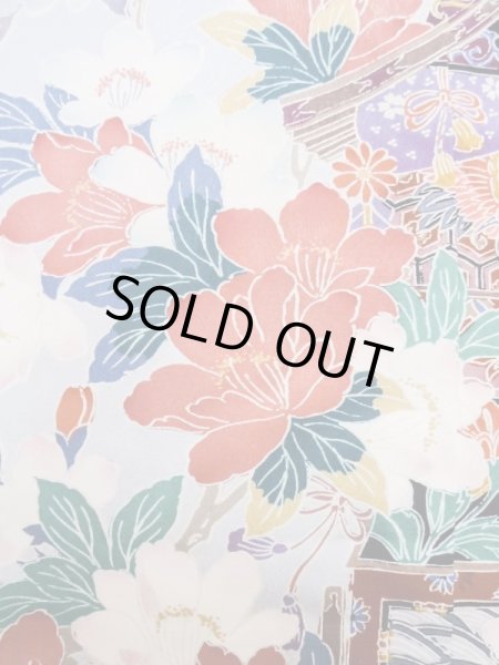Photo9: M0328I Used Japanese women  Blue FURISODE long-sleeved / Silk. SAKURA cherry blossom float motif  (Grade C) (9)