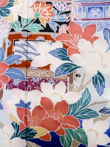 Photo10: M0328I Used Japanese women  Blue FURISODE long-sleeved / Silk. SAKURA cherry blossom float motif  (Grade C) (10)