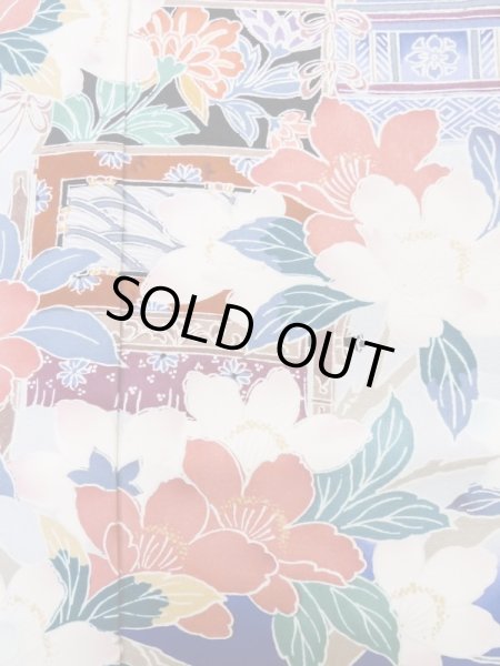 Photo10: M0328I Used Japanese women  Blue FURISODE long-sleeved / Silk. SAKURA cherry blossom float motif  (Grade C) (10)