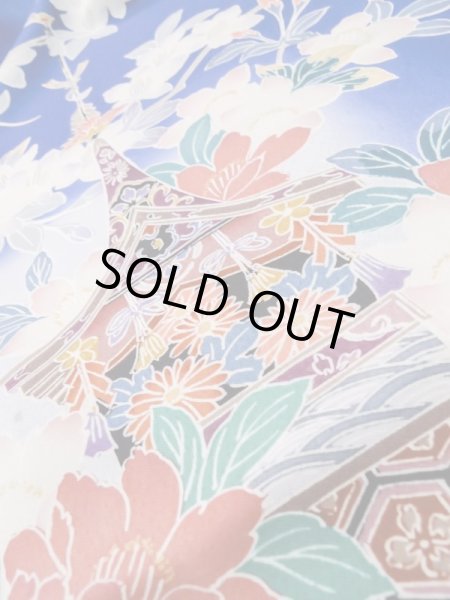 Photo15: M0328I Used Japanese women  Blue FURISODE long-sleeved / Silk. SAKURA cherry blossom float motif  (Grade C) (15)