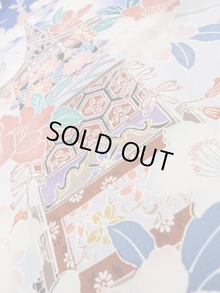 Photo16: M0328I Used Japanese women  Blue FURISODE long-sleeved / Silk. SAKURA cherry blossom float motif  (Grade C) (16)