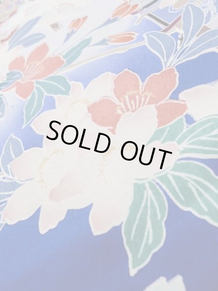 Photo17: M0328I Used Japanese women  Blue FURISODE long-sleeved / Silk. SAKURA cherry blossom float motif  (Grade C) (17)