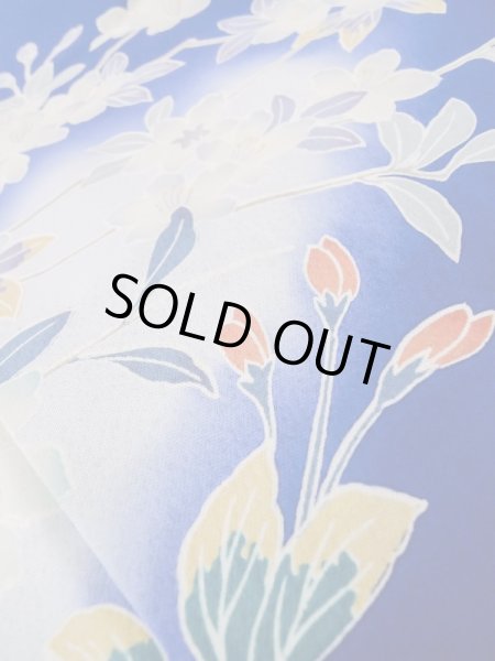 Photo18: M0328I Used Japanese women  Blue FURISODE long-sleeved / Silk. SAKURA cherry blossom float motif  (Grade C) (18)