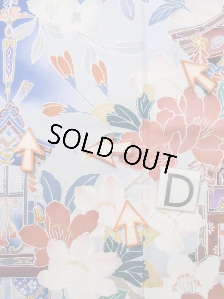 Photo23: M0328I Used Japanese women  Blue FURISODE long-sleeved / Silk. SAKURA cherry blossom float motif  (Grade C) (23)