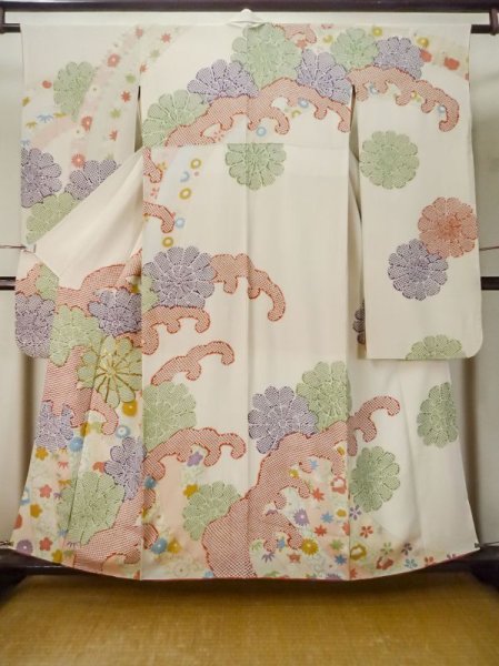 Photo1: M0328K Used Japanese women Pale Beige FURISODE long-sleeved / Silk. Peony,   (Grade C) (1)
