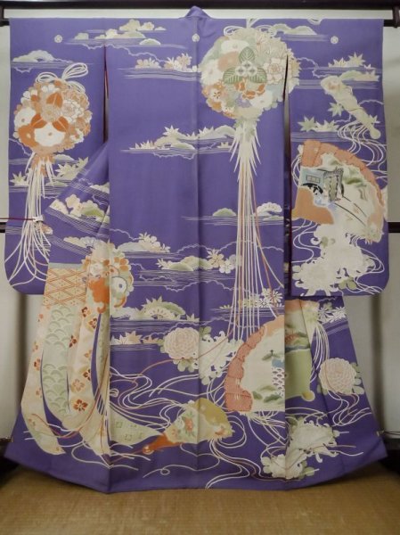 Photo1: M0328L Used Japanese women Pale Ivory FURISODE long-sleeved / Silk. Flower,   (Grade D) (1)