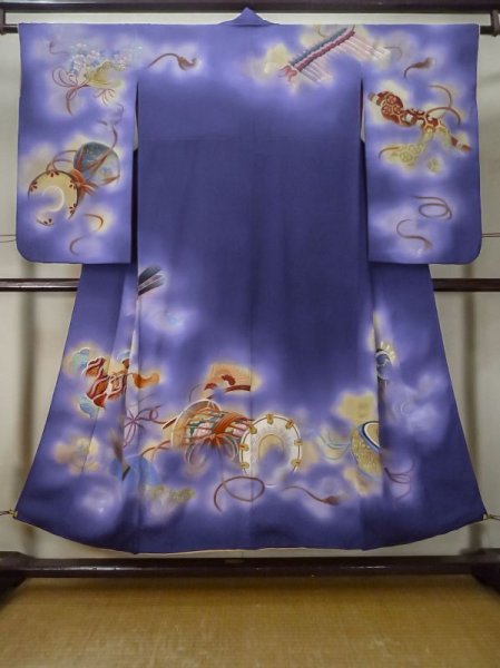 Photo1: M0328N Used Japanese women  Purple HOUMONGI formal / Silk. Flower, instruments pattern  (Grade D) (1)