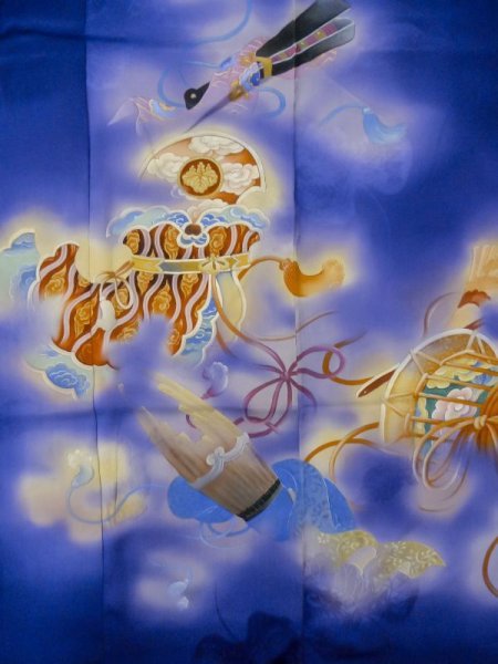 Photo5: M0328N Used Japanese women  Purple HOUMONGI formal / Silk. Flower, instruments pattern  (Grade D) (5)