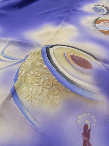 Photo11: M0328N Used Japanese women  Purple HOUMONGI formal / Silk. Flower, instruments pattern  (Grade D) (11)