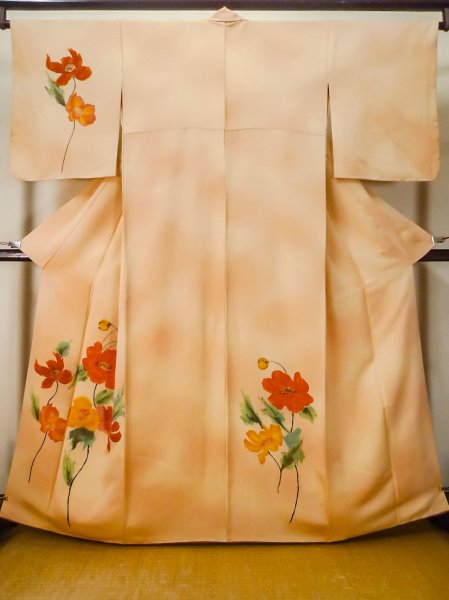 Photo1: M0328P Used Japanese womenPale Light Orange TSUKESAGE formal / Silk. Flower   (Grade C) (1)