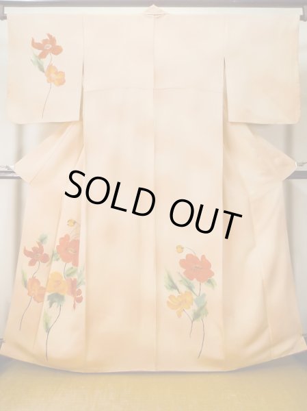 Photo1: M0328P Used Japanese womenPale Light Orange TSUKESAGE formal / Silk. Flower   (Grade C) (1)