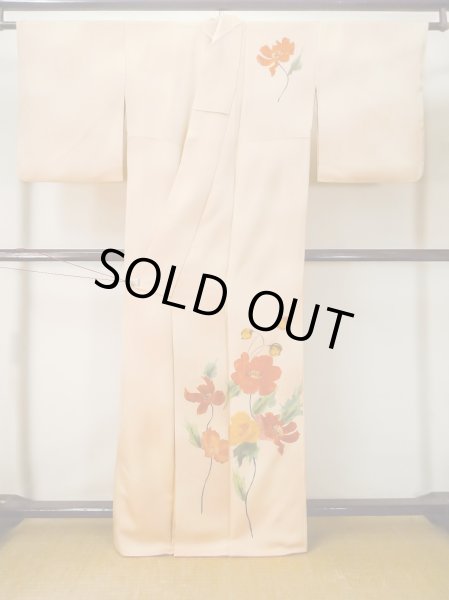 Photo3: M0328P Used Japanese womenPale Light Orange TSUKESAGE formal / Silk. Flower   (Grade C) (3)