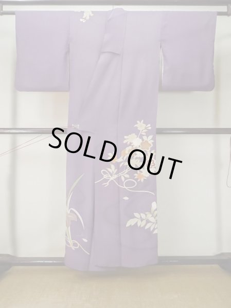 Photo3: M0328Q Used Japanese women  Purple HOUMONGI formal / Silk. Flower,   (Grade C) (3)