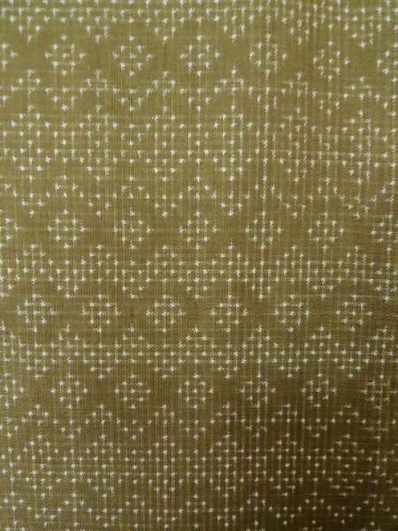 Photo6: M0328Y Used Japanese womenPale Dark Yellowish Green OSHIMA TSUMGI pongee / Silk. Geometrical pattern   (Grade C) (6)