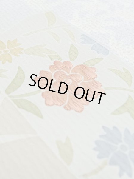 Photo9: M0330D Used Japanese womenPale Grayish Light Blue TSUKESAGE formal / Silk. Flower, fringed pink pattern  (Grade B) (9)