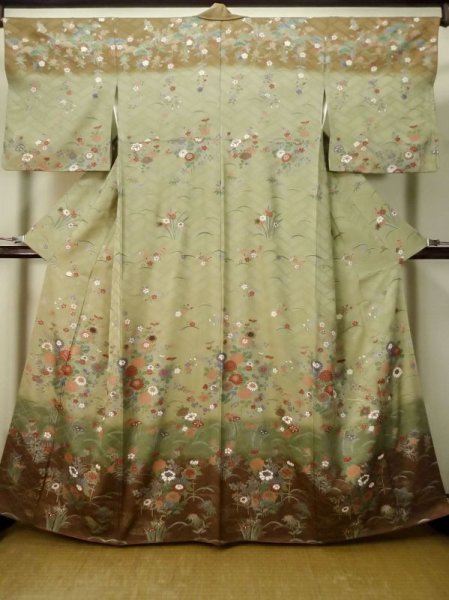 Photo1: M0330G Used Japanese womenPale Grayish Brown HOUMONGI formal / Silk. SAKURA cherry blossom,   (Grade B) (1)