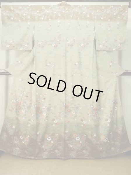Photo1: M0330G Used Japanese womenPale Grayish Brown HOUMONGI formal / Silk. SAKURA cherry blossom,   (Grade B) (1)