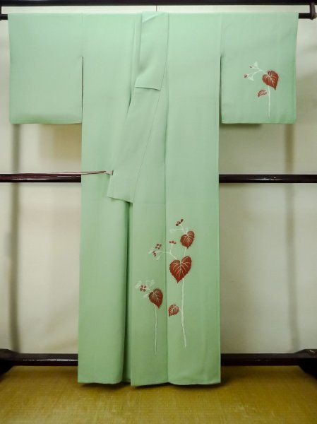 Photo3: M0330J Used Japanese women Light Green TSUKESAGE formal / Silk. Flower,   (Grade C) (3)