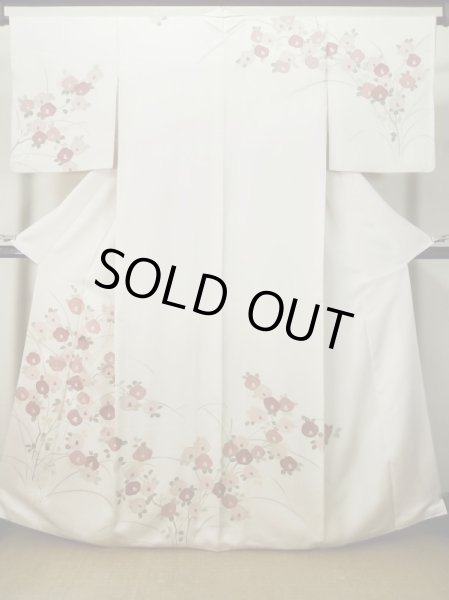 Photo1: M0330K Used Japanese women  Off White HOUMONGI formal / Silk. Camellia,   (Grade C) (1)