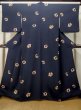 Photo1: M0330Q Used Japanese women  Navy Blue KOMON dyed / Silk. Chrysanthemum,   (Grade B) (1)