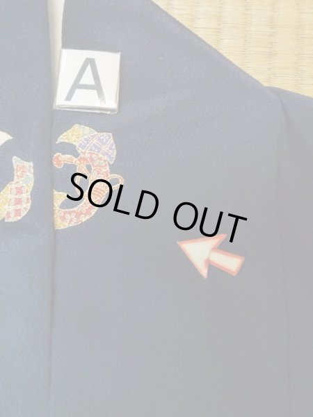 Photo11: M0330Q Used Japanese women  Navy Blue KOMON dyed / Silk. Chrysanthemum,   (Grade B) (11)