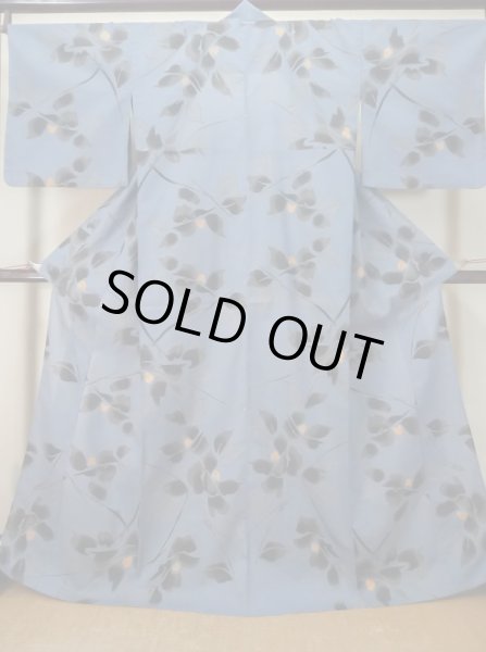 Photo1: M0331D Used Japanese womenDark Grayish Blue YUKATA summer(made in Japan) / Cotton. Camellia,   (Grade B) (1)