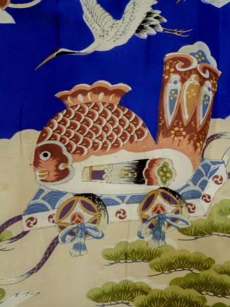 Photo4: M0505A Used Japanese men Vivid Blue Kids / Silk. Pine tree/branch/needle,   (Grade C) (4)