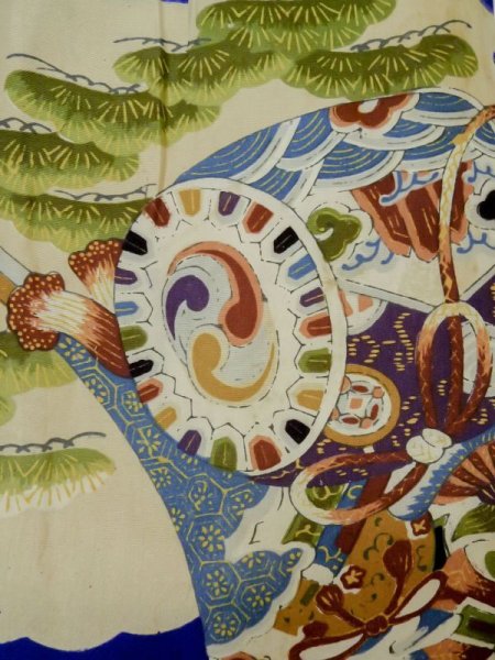 Photo6: M0505A Used Japanese men Vivid Blue Kids / Silk. Pine tree/branch/needle,   (Grade C) (6)