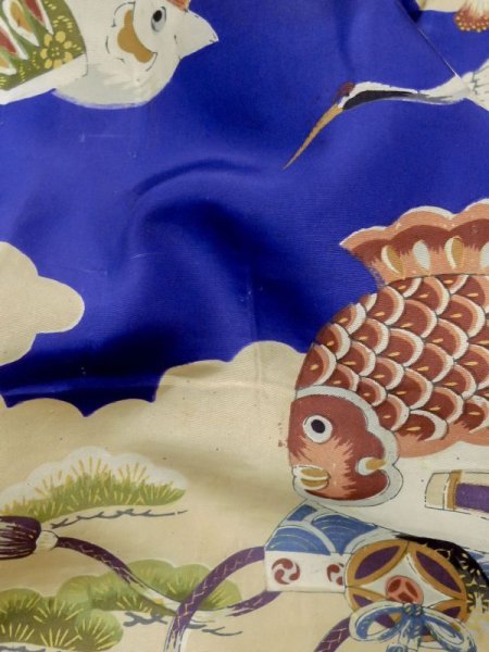 Photo10: M0505A Used Japanese men Vivid Blue Kids / Silk. Pine tree/branch/needle,   (Grade C) (10)