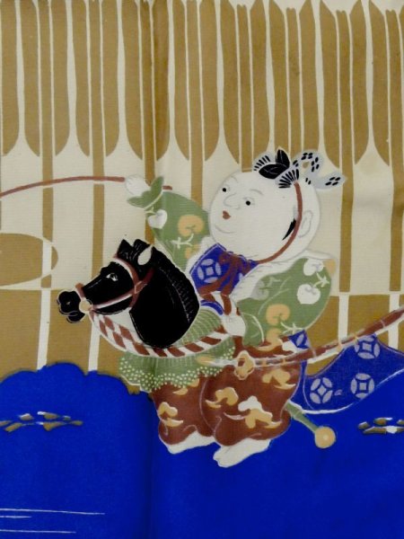 Photo4: M0505D Used Japanese men Vivid Blue Kids / Silk. Pine tree/branch/needle,   (Grade C) (4)