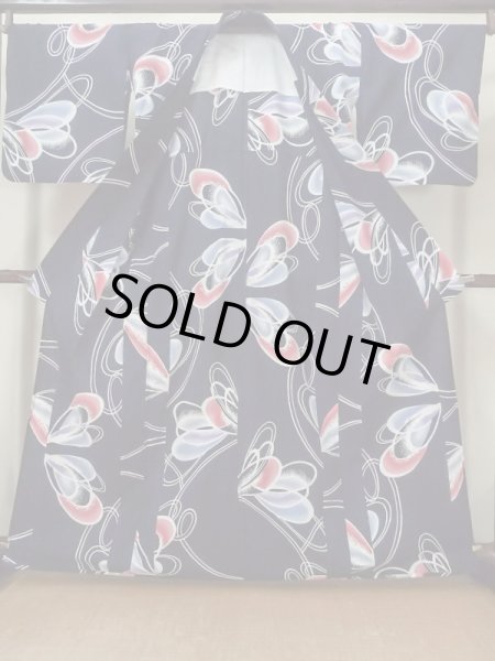 Photo2: M0506C Used Japanese women  Navy Blue Kids / Cotton. Line,   (Grade D) (2)