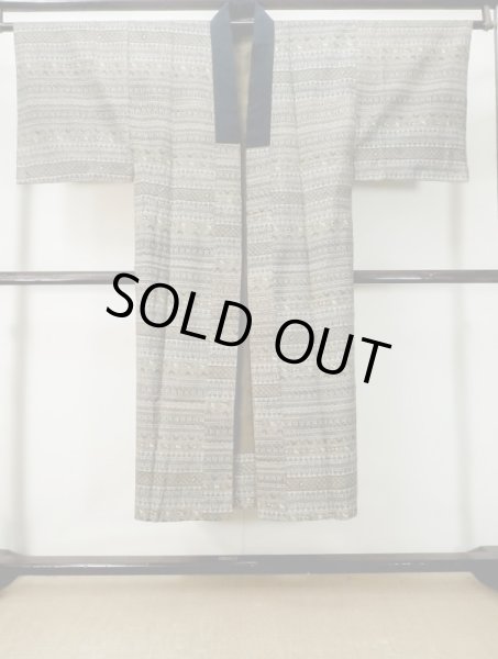 Photo2: M0516G Used Japanese men Dark Golden Yellow Men's Juban / Wool. Chinz pattern   (Grade D) (2)
