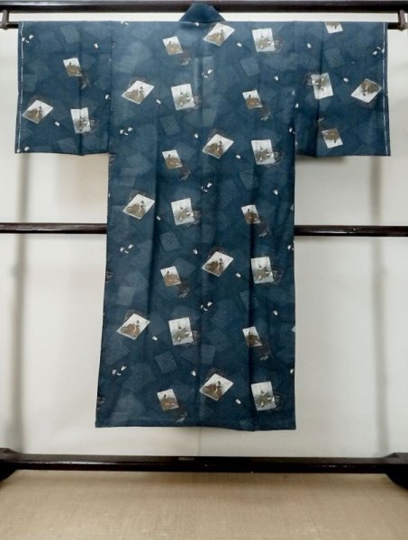 Photo2: Mint M0516M Used Japanese men  Navy Blue Men's Juban / Wool. Bamboo leaf, arrow pattern  (Grade D) (2)