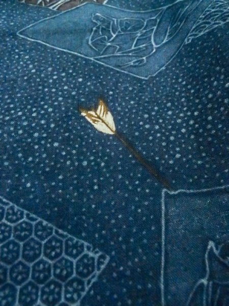Photo8: Mint M0516M Used Japanese men  Navy Blue Men's Juban / Wool. Bamboo leaf, arrow pattern  (Grade D) (8)