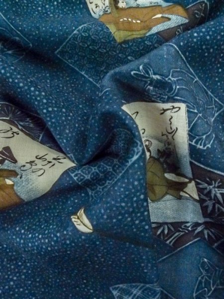 Photo10: Mint M0516M Used Japanese men  Navy Blue Men's Juban / Wool. Bamboo leaf, arrow pattern  (Grade D) (10)