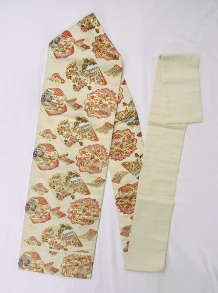 Photo1: M0523B Vintage Japanese Kimono   Ivory NAGOYA OBI sash Flower Silk. (Grade C) (1)