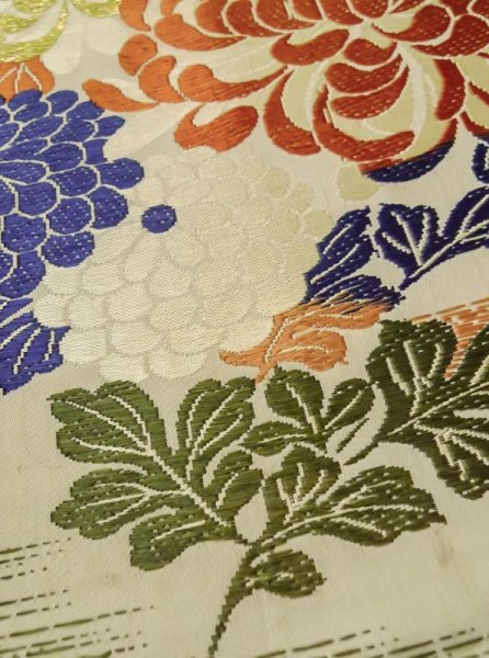 Photo8: M0523D Vintage Japanese Kimono   Ivory NAGOYA OBI sash Peony Silk. (Grade C) (8)