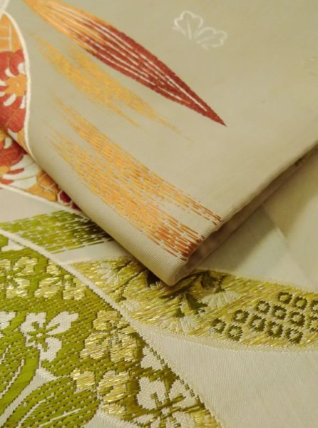 Photo10: M0523D Vintage Japanese Kimono   Ivory NAGOYA OBI sash Peony Silk. (Grade C) (10)